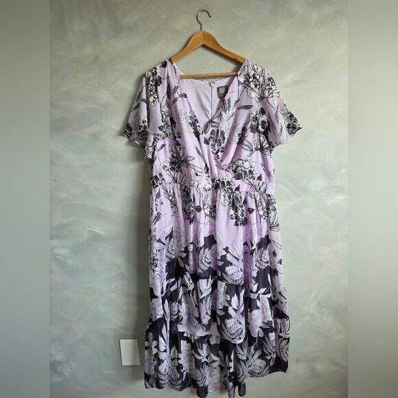 Vince Camuto Purple Sheath Faux Wrap Hi Low Hem Plus Size 18W Lined Floral - Picture 1 of 8